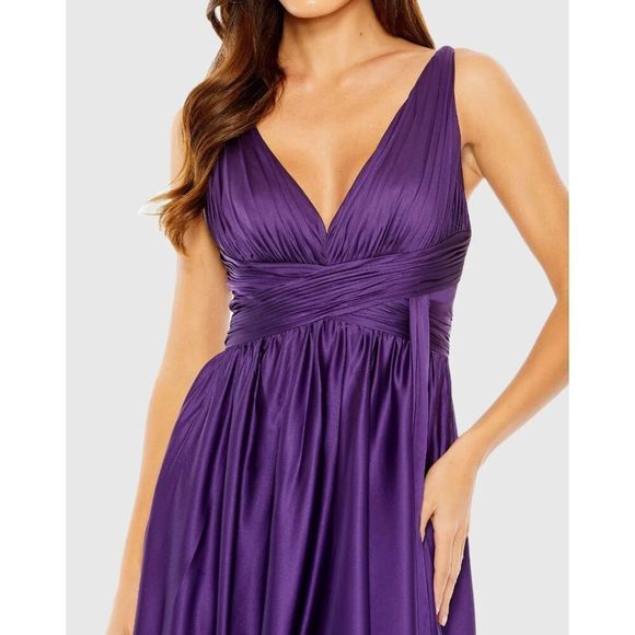 Mac Duggal NWT Ruched Top Satin Pleated Tea Length Dress in Purple Size 10 - Picture 2 of 8